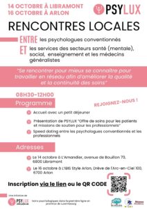 Les inscriptions pour les rencontres locales PSYLUX sont ouvertes ! Deux matinées organisées à Libramont et à Arlon pour rassembler les professionnels et les psychologues conventionnés dans une dynamique de renforcement du réseau ! Un vrai temps d’échange pour créer du lien, clarifier les rôles de chacun et construire ensemble des ponts entre besoins et solutions locales.