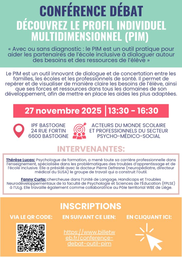 L'équipe API-Lux (projet pilote Réseau Matilda), a le plaisir de vous inviter à sa conférence-débat sur l'outil PIM (Profil Individuel Multidimensionnel) : un outil pratique pour aider les partenaires de l'école inclusive à dialoguer autour des besoins et des ressources de l'élève. Un évènement à destination des acteurs du monde scolaire et les professionnels du secteur psycho-médico-social