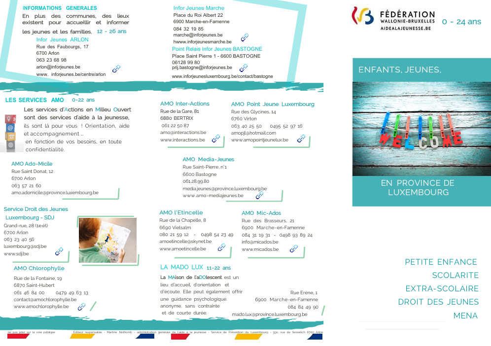 La brochure Accueil Luxembourg traduite en 7 langues pour les enfants, les mena et les familles, c’est notre sélection à l’occasion du 4ème jour de la Semaine de la Santé Mentale. Réalisation : Les Conseils de prévention du Luxembourg Ce dépliant, paru en 2023, reprend une liste des services et structures en province de Luxembourg qui pourront accueillir, venir en aide et/ou informer les jeunes ainsi que leur famille dans les matières suivantes : petite enfance, scolarité, droits des jeunes et MENA. La brochure est téléchargeable sur notre site. Langues disponibles : français, anglais, farci, pachto, arabe, russe, turc, ukrainien. • Brochure en français • Brochure en anglais • Brochure en farsi • Brochure en pachto • Brochure en russe • Brochure en langue turque • Brochure en ukrainien