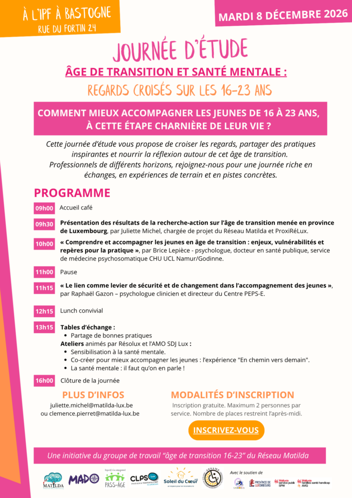 Comment mieux accompagner les jeunes de 16 à 23 ans, à cette étape charnière de leur vie ? Cette journée d’étude vous propose de croiser les regards, partager des pratiques inspirantes et nourrir la réflexion autour de cet âge de transition. Professionnels de différents horizons, rejoignez-nous pour une journée riche en échanges, en expériences de terrain et en pistes concrètes.